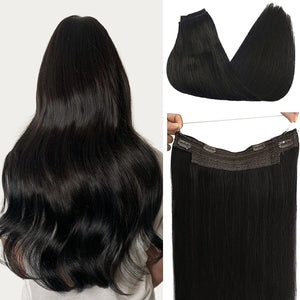 #1B Natural Black Halo Hair Extensions 100% Human Hair Wire Extensions