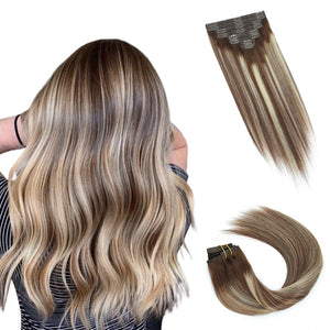 HomGoss Chocolate Brown With Bleach Blonde #4/613/4 Blonde Seamless PU Clip-Ins (120G)