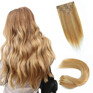 HomGoss Light Brown With Bleach Blonde #12/613 Blonde Seamless PU Clip-Ins (8 Pcs120G)